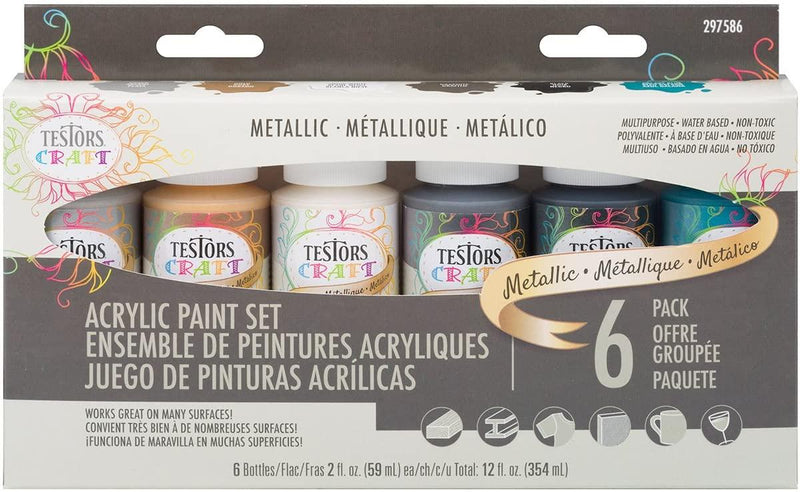 Testors Craft Paint Set Metallics Acrylic, Assorted, 2 Oz, Bottle