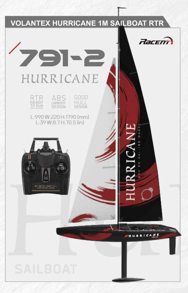 Hurricane 2 Channel Sailboat with 1 Meter Hull Length and ABS Plastic Waterproof Hull (791-2) RTR