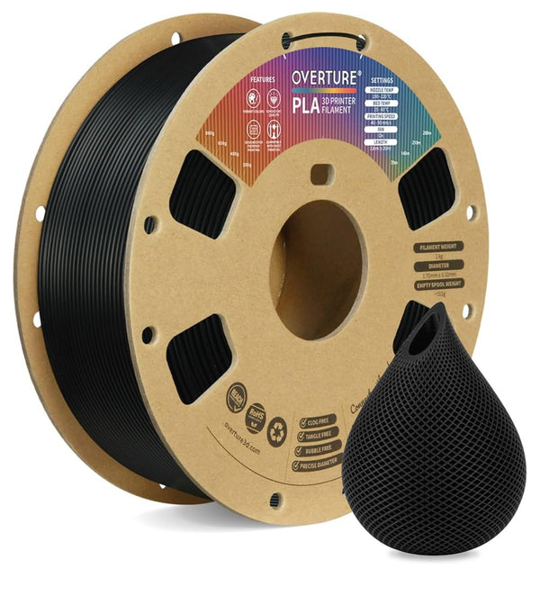 OVERTURE PLA Filament 1.75mm PLA 3D Printer Filament, 1kg Cardboard Spool (2.2lbs), Dimensional Accuracy +/- 0.02mm, Fit Most FDM Printer (Black 1-Pack)