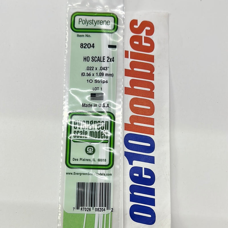 8204 .022”x .043”x 14" White HO Scale  2x4 Strips. 10PC