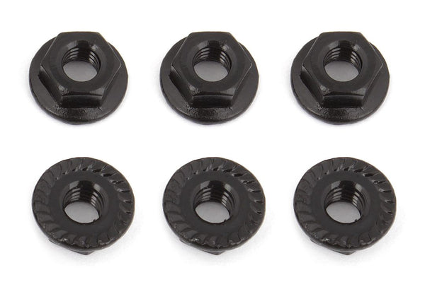Team Associated Wheel Nuts, M4, Serrated, flanged, black steel (6)