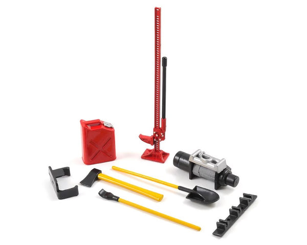 Yeah Racing 6-Piece Scale Tool Set (Red) w/Axe, Shovel, Oil Tank, Jack, Winch