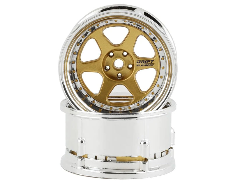 DS Racing Drift Element 6 Spoke Drift Wheels (Gold & Chrome w/Gold Rivets) (2) (Adjustable Offset) w/12mm Hex