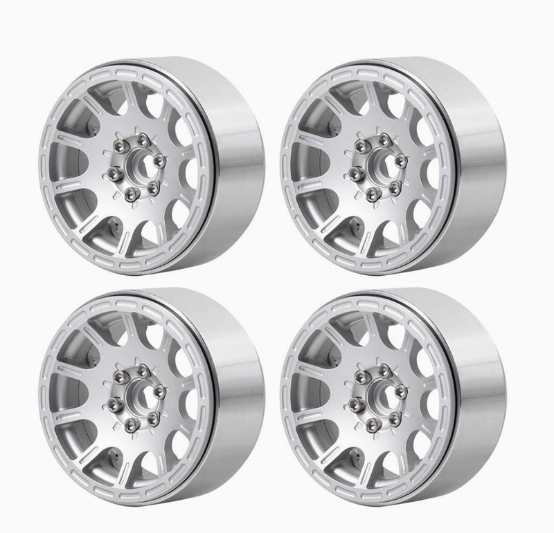 Que-T Metal 1.9" Beadlock Wheel Rims Hubs for 1:10 AXIAL SCX10 TRX-4 D90 RC Car, Pack of 4 (Matte Silver)