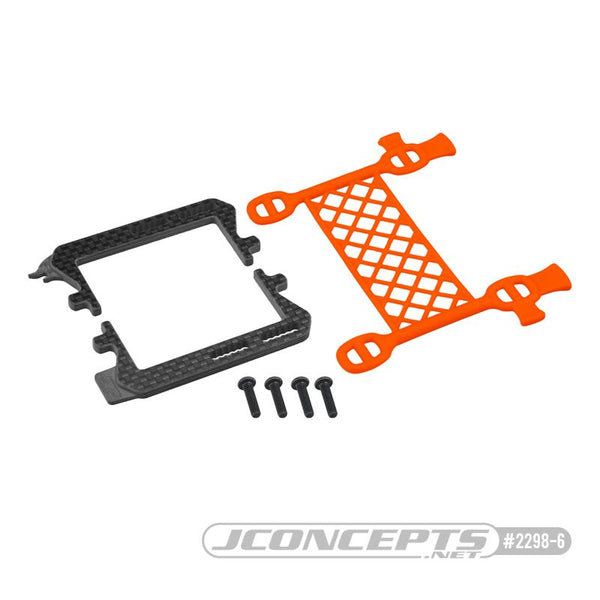 JConcepts B6.3 carbon logo / cargo net battery brace, (orange) (Fits - Team Associated B6, T6 and SC6 generation)