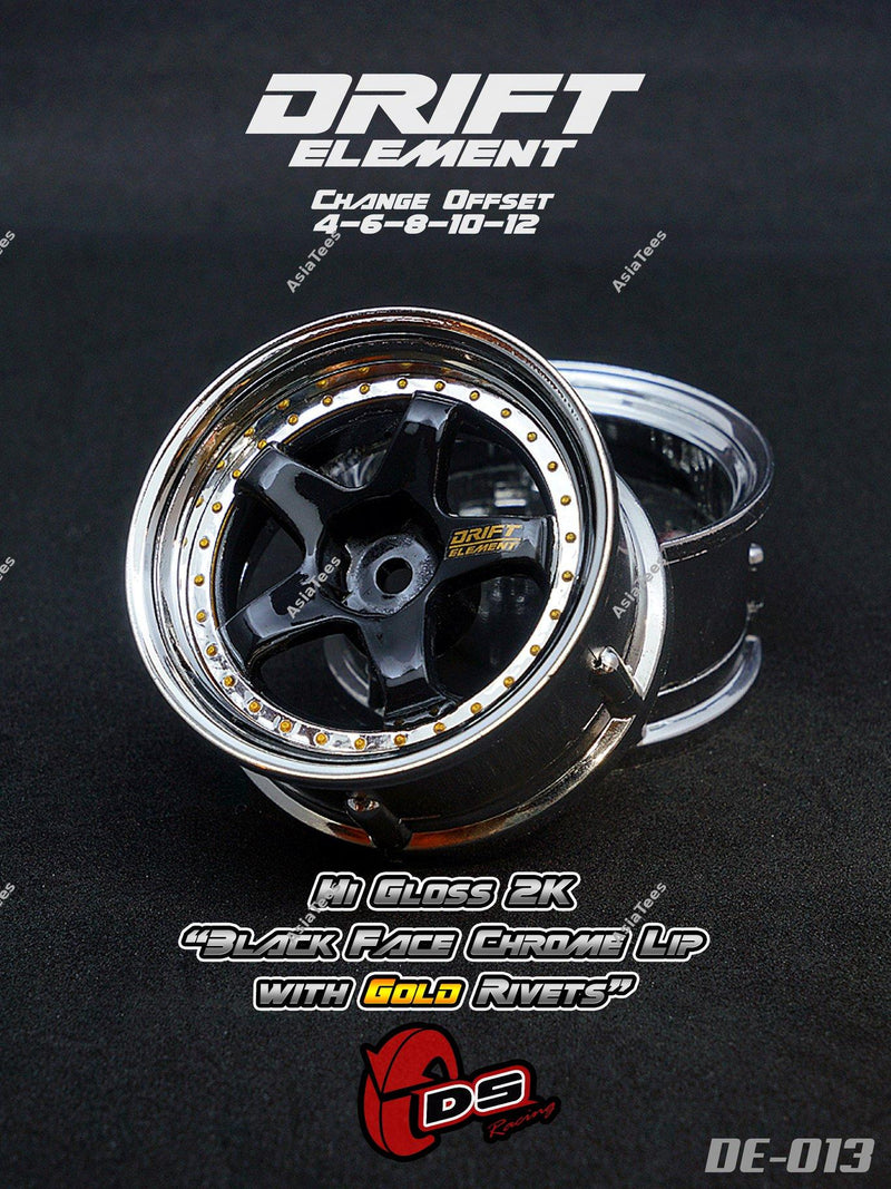 DS Racing Drift Wheel - Adj. Offset (2) / Hi Gloss 2K Black Face Chrome Lip w/ Gold Rivets