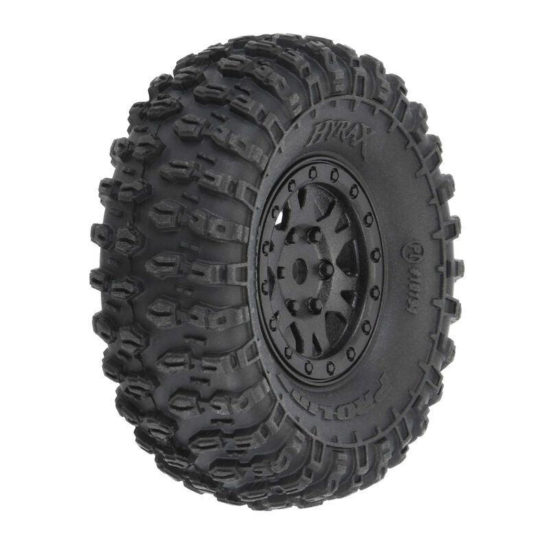 Pro-Line Hyrax 1.0" Tires Mounted on Mini Impulse Black Internal Bead-Loc 7mm Hex Wheels (4) for SCX24 Front or Rear