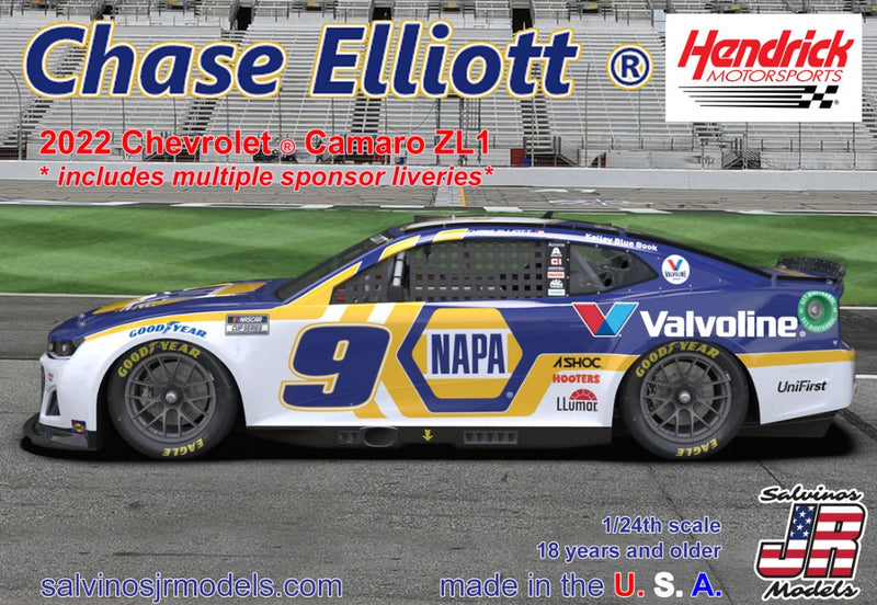 Salvinos JR Models 1/24 Hendrick Motorsports Chase Elliott 2022 Camaro - Napa Auto multiple sponsor liveries