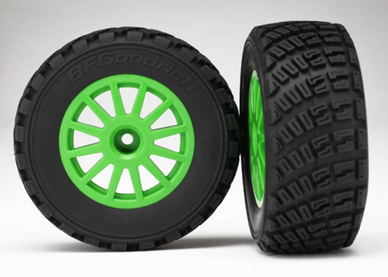 Traxxas Tires & wheels, assembled, glued (Green wheels, BFGoodrich Rally, gravel pattern, S1 compound tires, foam inserts) (2)