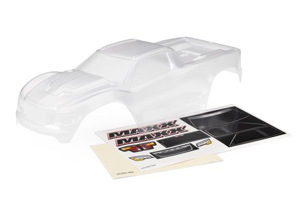 Traxxas Body, Maxx V2 (clear, requires painting)/ window masks/ decal sheet (fits Maxx V2 with extended chassis (352mm wheelbase))