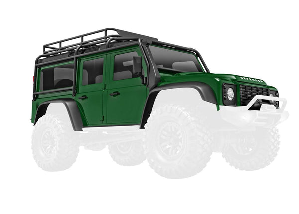 Traxxas Body, Land Rover Defender, Complete, Green (Includes Grille, Side Mirrors, Door Handles, Fender Flares, Windshield Wipers, Spare Tire Mount, & Clipless Mounting)